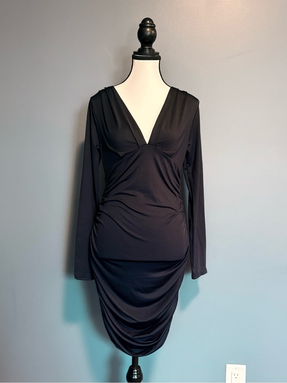 Navy Ruched Bodycon Midi Dress | Size Small